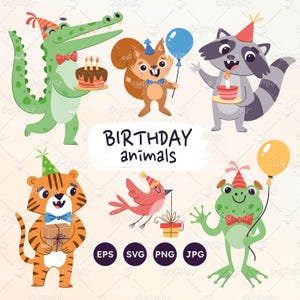 Fête des fêtards SVG, cliparts fête d'anniversaire, animaux de dessins animés, ensemble de joyeux anniversaire, animaux drôles célébrant, vecteurs EPS, PNG transparent