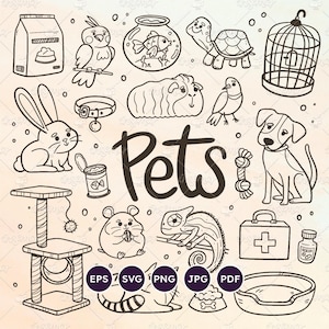 Ensemble de griffonnages pour animaux de compagnie - Mignons animaux domestiques et articles d'animalerie. Chien, chat, lapin, tortue, oiseau, cobaye, hamster, poisson, vecteur EPS, SVG, PNG