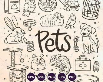 May include: Black and white line art illustration featuring various pets and pet-related items. Includes a dog, cat, bird, fish, hamster, rabbit, and a chameleon, along with pet food, a cage, and a first aid kit. The word "Pets" is prominently displayed.