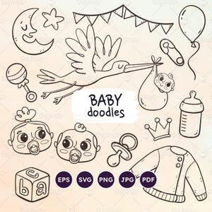 Rabiscos de bebê SVG, desenhos de recém-nascidos, conjunto de clipart fofo para itens de design de festa de chá de bebê, download digital, vetor EPS, PNG transparente