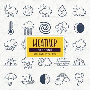 Iconos del pronóstico del tiempo. 50 garabatos meteorológicos dibujados a mano. EPS, SVG, PNG