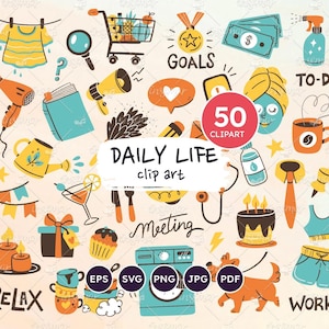 ClipArt di promemoria e faccende quotidiane. Idee per l'agenda giornaliera, lista di cose da fare, faccende quotidiane, allenamento, cura di sé, file SVG, vettore, PNG trasparente