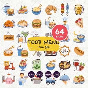 Lebensmittel-Symbole, Restaurant-Speisekarte, Mahlzeit-Symbole. Speise- und Getränkekarte, Fast Food Icons, transparente PNG-, Vektor-EPS-, bunte SVG-Dateien. 64 Symbolsatz