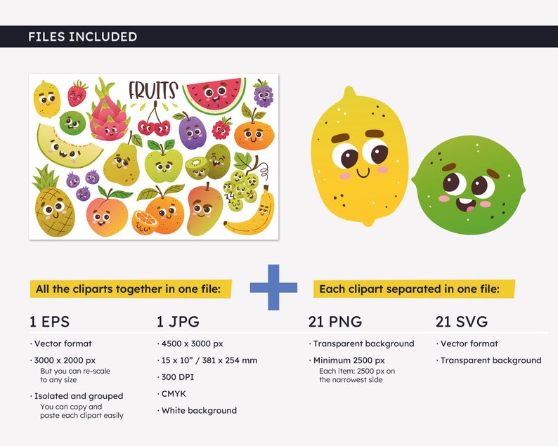 Fruit Clipart Set, Cute Fruit Collection, SVG files, Cartoon Fruits, Instant Download Digital Files, EPS files, PNG, Vegan Food Clip Arts image 2