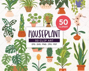 May include: A collection of 50 houseplant clip art illustrations. The images feature various potted plants in shades of green, brown, and orange. A red circle with the number 50 and the word "CLPART" is also included.