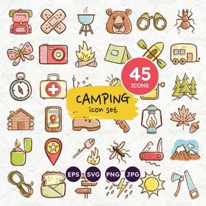 Iconos de camping: 45 iconos vectoriales coloridos de actividades al aire libre y senderismo, dibujados a mano, para amantes de la aventura y la naturaleza. Vectores EPS, PNG transparentes y SVG.