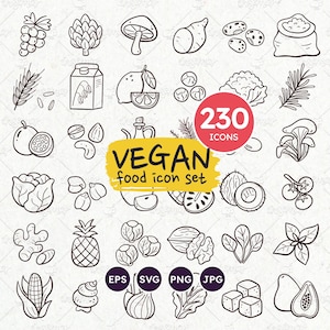 Icônes de nourriture, icônes d'ingrédients de cuisine, végétalien, végétarien, PNG, SVG, fruits, légumes, céréales, herbes, champignons, légumineuses, noix, griffonnages