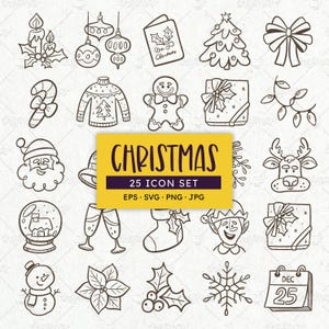 Conjunto de iconos navideños: Santa Claus, garabatos festivos (SVG, EPS, PNG) Descarga digital