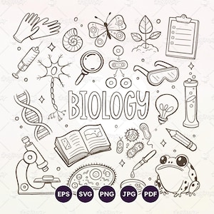 Może przedstawiać: Czarno-biały rysunek liniowy ze słowem "BIOLOGIA" pośrodku. Obraz zawiera ilustracje mikroskopu, nici DNA, motyla, żaby i innych obiektów związanych z nauką. Zawiera również typy plików EPS, SVG, PNG, JPG i PDF.