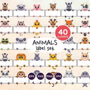 Animali con striscioni, modelli di etichette, clipart di animali, identificatori per bambini, etichette stampabili, file EPS vettoriali, PNG trasparenti, file SVG