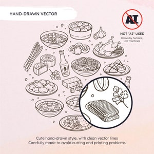 Op de afbeelding: Een handgetekend zwart-witte illustratie van verschillende Aziatische voedingsmiddelen, waaronder dumplings, noedels, rijst en groenten. De illustratie is omgeven door een cirkel met de tekst "HAND-DRAWN VECTOR" en "NOT "AI" USED".