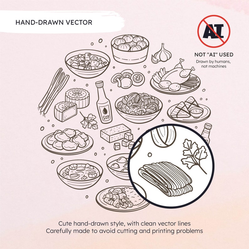 Op de afbeelding: Een handgetekend zwart-witte illustratie van verschillende Aziatische voedingsmiddelen, waaronder dumplings, noedels, rijst en groenten. De illustratie is omgeven door een cirkel met de tekst "HAND-DRAWN VECTOR" en "NOT "AI" USED".