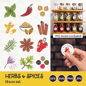 ÍCONES DE ALIMENTOS, Conjunto de ervas e especiarias, Adesivos para impressão, Itens de tempero, Pimenta, Folhas, Culinária, Ingredientes alimentares, Arquivos SVG, Transparente png