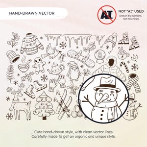 May include: A black and white hand-drawn illustration of winter-themed objects, including a snowman, a penguin, a gingerbread man, a Christmas tree, a snowflake, a pair of mittens, a cup of hot chocolate, a candy cane, a pair of ice skates, a deer, a bird, a teapot, a hat, a scarf, a pair of boots, a snowboard, a snow globe, and a winter coat.