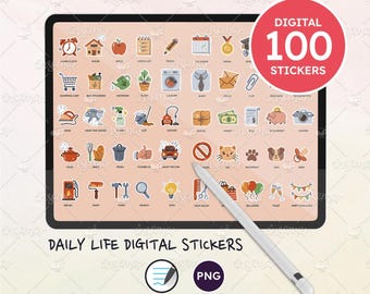 Everyday Icons. 100 Precropped Digital Stickers for Digital Planners and Calendars (Goodnotes, PNG)