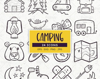 Iconos de camping: imágenes prediseñadas de actividades al aire libre dibujadas a mano (EPS, PNG, SVG)