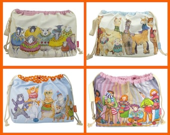 Knitting project bag for crochet supplies storage | Sheep drawstring tote | Alpaca print sack | Lined cat bag for yarn | Crafting tools sack