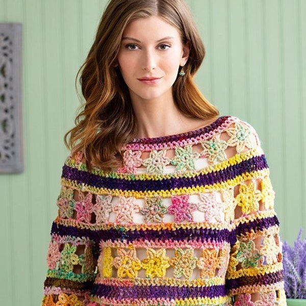 Floral wool sweater crochet pattern, intermediate to advanced, in Noro Viola yarn, 200 grams, 4-5 weight wool
