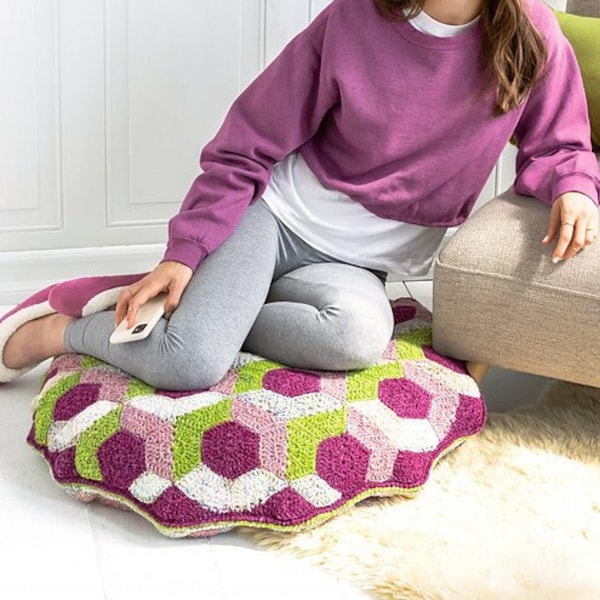 Hexagon Floor Pillow - Intermediate PDF Crochet Pattern | Hexagraph Floor Pillow | Organic Silk, Mohair, Wool | Noro Silk Garden Solo