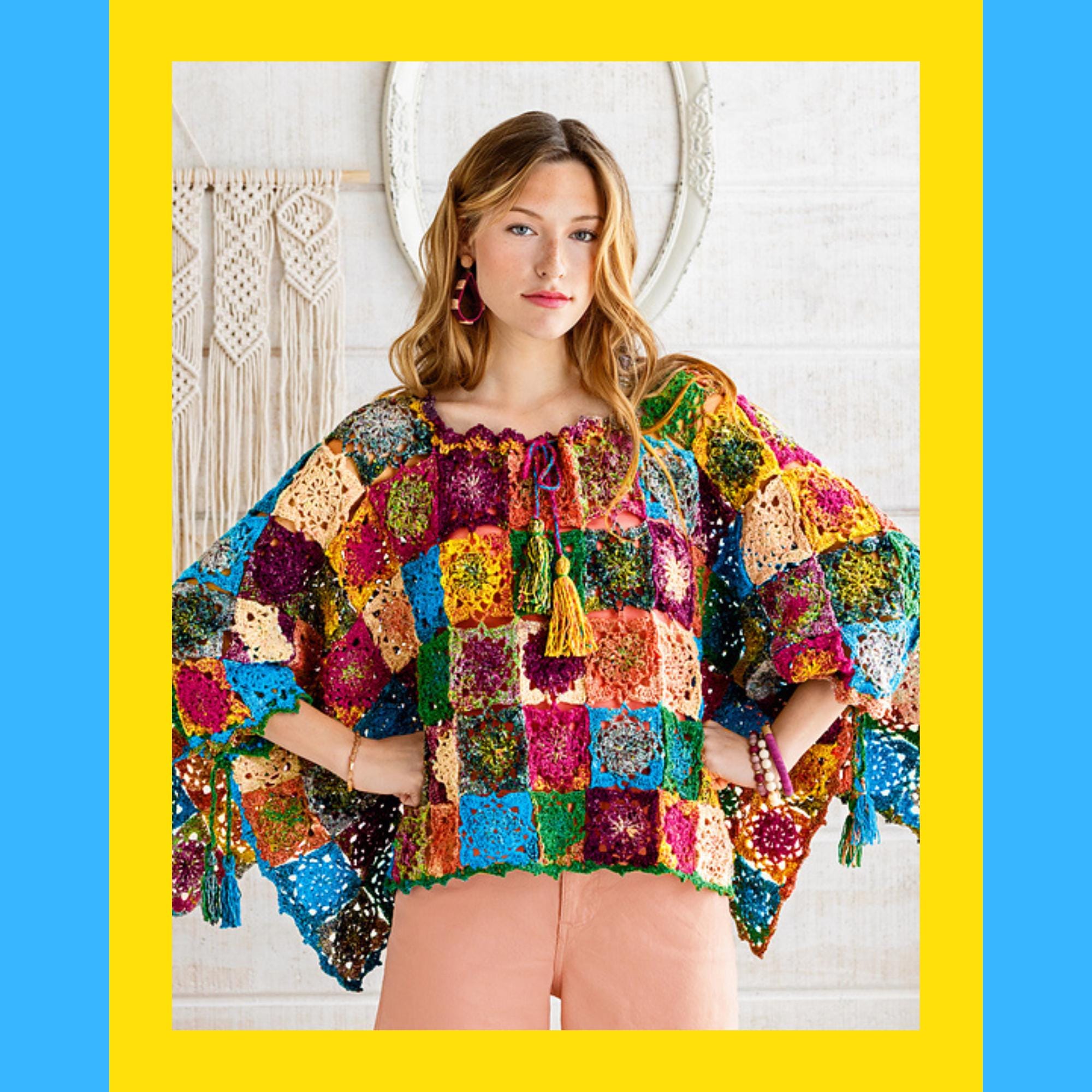 Colorful Granny Squares Poncho - LEVEL 3 Intermediate Crochet Pattern With Drawstring and Tassel Tutorials | Wynnie poncho | Noro Yukata