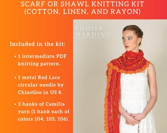 Intermediate Summer Scarf Knitting Kit in Vibrant Sunset Colors | Cotton, Linen, Rayon | Louisa Harding