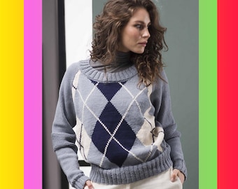 Woman&#39;s Argyle Pullover in Size Small Only - Level 4 Advanced Knitting Pattern | Ribbed Sweater | Crisscross Diamond-Shaped Design | Gedifra