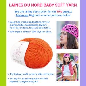 May include: An orange skein of Laines du Nord Baby Soft yarn. The image includes text that reads "LAINES DU NORD BABY SOFT YARN" and "BABY SOFT". The yarn is described as super fine for crochet and knitting, suitable for clothes, accessories, and toys.