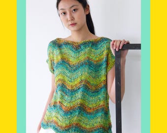 Woman&#39;s Colorful Summer Top - LEVEL 2 Easy Knitting Pattern For An ADVANCED Beginner | Striped Short-Sleeved Tee | Myrtlar | Noro Uchiwa