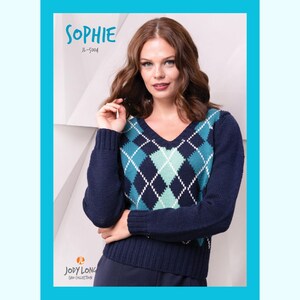 Damtröja med v-ringning och argylemönster - NIVÅ 4 Avancerat stickmönster | Färgglad Fair Isle-tröja för kvinnor | Sophie-tröja | Jody Long Ciao