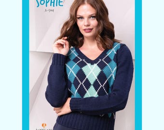 Pullover Argyle con scollo a V da donna - Modello di lavorazione a maglia avanzato LIVELLO 4 / Maglione Fair Isle colorato per donne / Maglione Sophie / Jody Long Ciao
