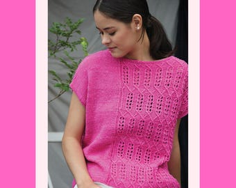 Woman&#39;s Bright Pink Top - LEVEL 3 Intermediate Knitting Pattern For Sizes Small, Medium, and Large | Offset Pattern Tee | Noro Sonata