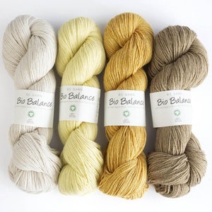 BC Garn Bio Balance, a soft GOTS organic carded yarn that is 55% wool, 45% cotton, 50 grams, 246 yards, 5-ply, fine or sport weight. Shop sells colors 03, 04, 05, 07, 10, 12, 14, 17, 20, 21. GOTS is the safest level of organic worldwide.