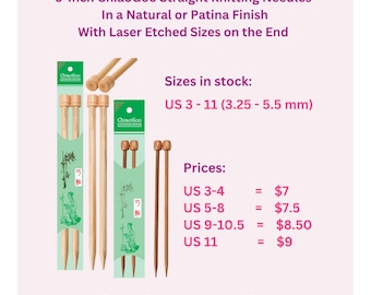 ChiaoGoo Knitting Needles in Laser Etched Sizes 3-11 | 9-Inch Single Points | Strong Moso Bamboo Straights With a Natural or Patina Finish