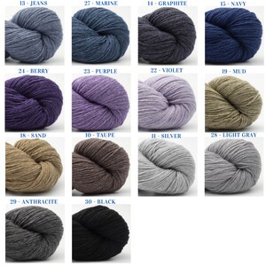 BC Garn Bio Balance, a soft GOTS organic carded yarn that is 55% wool, 45% cotton, 50 grams, 246 yards, 5-ply, fine or sport weight. Shop sells colors 03, 04, 05, 07, 10, 12, 14, 17, 20, 21. GOTS is the safest level of organic worldwide.