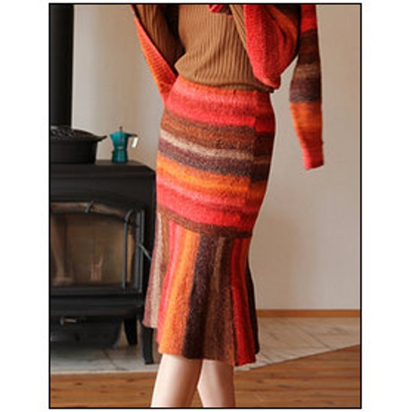 Womans midi skirt knitting pattern Long womans skirt for fall Office wear for women Intermediate knitting pattern Tomato red winter wear