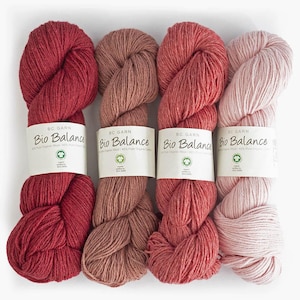 BC Garn Bio Balance, a soft GOTS organic carded blend of 55% wool and 45% cotton. It is 50 grams, 246 yards, 5-ply, fine or sport weight. Shop sells colors 03, 04, 05, 07, 10, 12, 14, 17, 20, 21. GOTS is the safest level of organic worldwide.