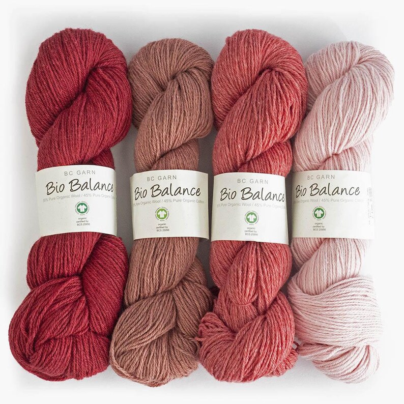 BC Garn Bio Balance, a soft GOTS organic carded blend of 55% wool and 45% cotton. It is 50 grams, 246 yards, 5-ply, fine or sport weight. Shop sells colors 03, 04, 05, 07, 10, 12, 14, 17, 20, 21. GOTS is the safest level of organic worldwide.
