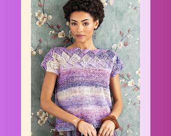 Short Boat Neck Top With Short Sleeves For Women - Intermediate PDF Knitting Pattern For LEVEL 3 Knitter | Corsage Tee | Noro Akari Pattern