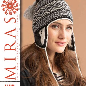 Advanced knitting pattern with some crochet for a black and white Peruvian llama chullo hat for a head circumference of 20.36 inches. It has several rows with alternating patterns, a large tassel at the crown, and earflaps with a drawstring tie.
