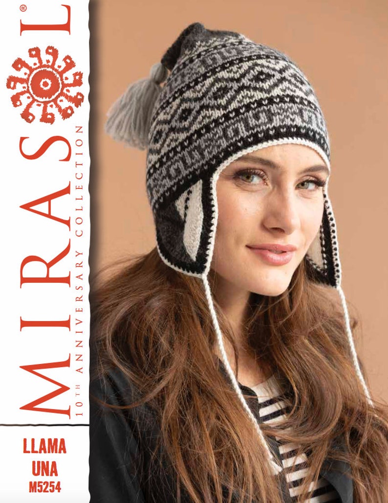 Advanced knitting pattern with some crochet for a black and white Peruvian llama chullo hat for a head circumference of 20.36 inches. It has several rows with alternating patterns, a large tassel at the crown, and earflaps with a drawstring tie.