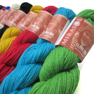 Mirasol Llama Una, a discontinued 100 percent baby llama yarn, 50 grams, 109 yards. To find a suitable yarn substitute, go to www.yarnsub.com, type Mirasol Llama Una into the search box, and press enter. The most suitable is listed at the top.