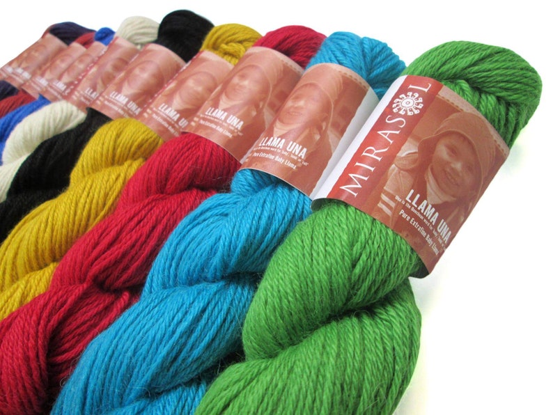 Mirasol Llama Una, a discontinued 100 percent baby llama yarn, 50 grams, 109 yards. To find a suitable yarn substitute, go to www.yarnsub.com, type Mirasol Llama Una into the search box, and press enter. The most suitable is listed at the top.