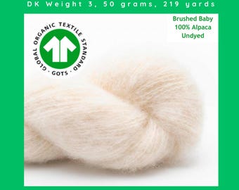 Soft Baby Alpaca Yarn | GOTS Undyed Organic Fiber | Eco-Friendly, Fairly Traded | DK Weight 3 | 50g, 219 yds | BC Garn