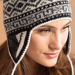 Advanced knitting pattern with some crochet for a black and white Peruvian llama chullo hat for a head circumference of 20.36 inches. It has several rows with alternating patterns, a large tassel at the crown, and earflaps with a drawstring tie.