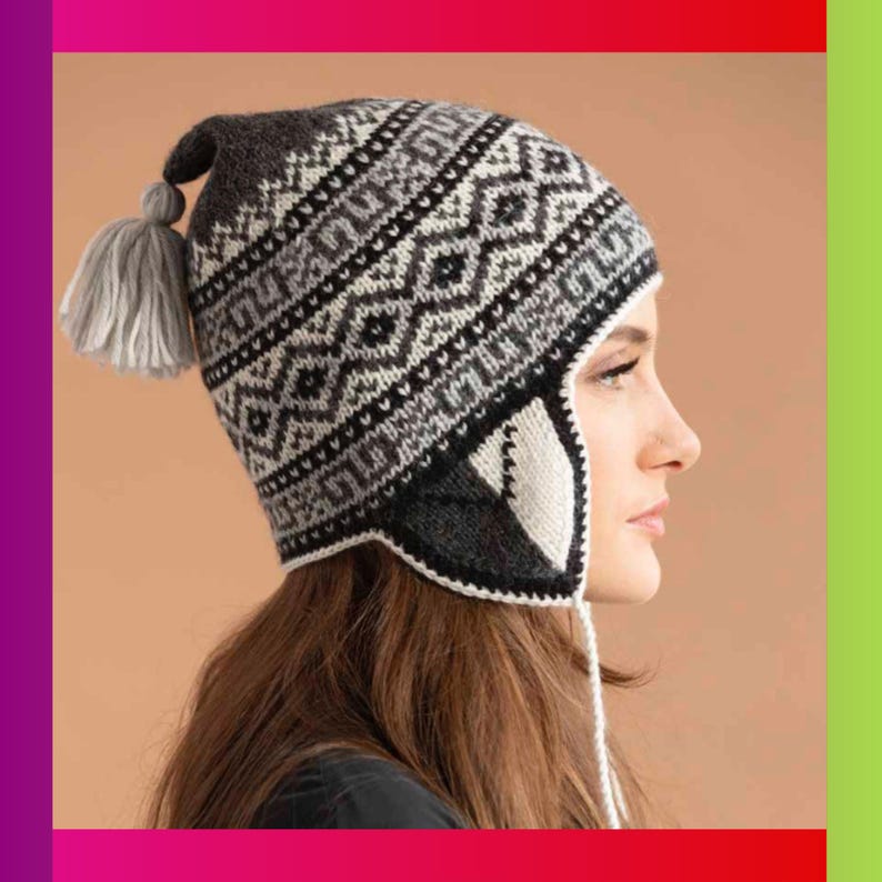 Advanced knitting pattern with some crochet for a black and white Peruvian llama chullo hat for a head circumference of 20.36 inches. It has several rows with alternating patterns, a large tassel at the crown, and earflaps with a drawstring tie.