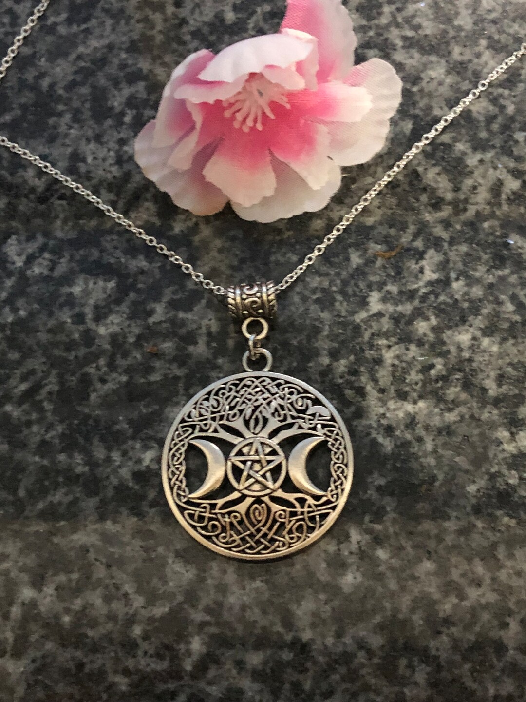 Triple Moon Goddess Necklace With Tree of Life and Pentagram, Hekate ...