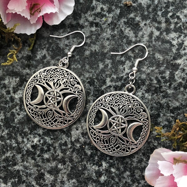 Triple Moon Goddess Earrings with Tree of Life and Pentagram - Hekate  Jewelry - Pagan and Wiccan Earrings - Silver Witchy Earrings