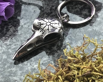 Gothic Raven Skull Keychain, Viking Compass Vegvisir, Nordic Wayfinder Key Chain for Boyfriend, Drive Safe and Get Home, Father’s Day gift