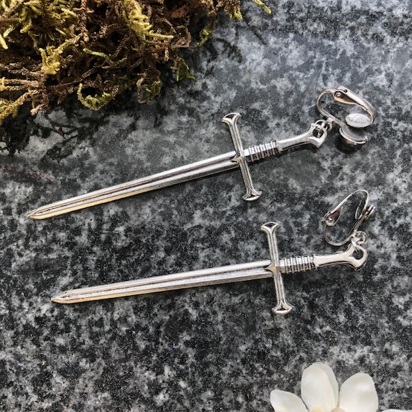 Sword Clip-on Earrings, Nickel-free clasps,  Large Sword and Dagger - Medieval Jewelry - Viking Style for Unpierced Ears, Large Clip ons