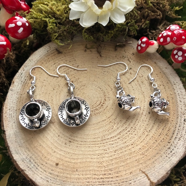 Antique Silver Teacup and Tea pot Set Earrings - Retro tea time jewellery - Tea Cup Hypoallergenic Sterling silver Earring Wire Set